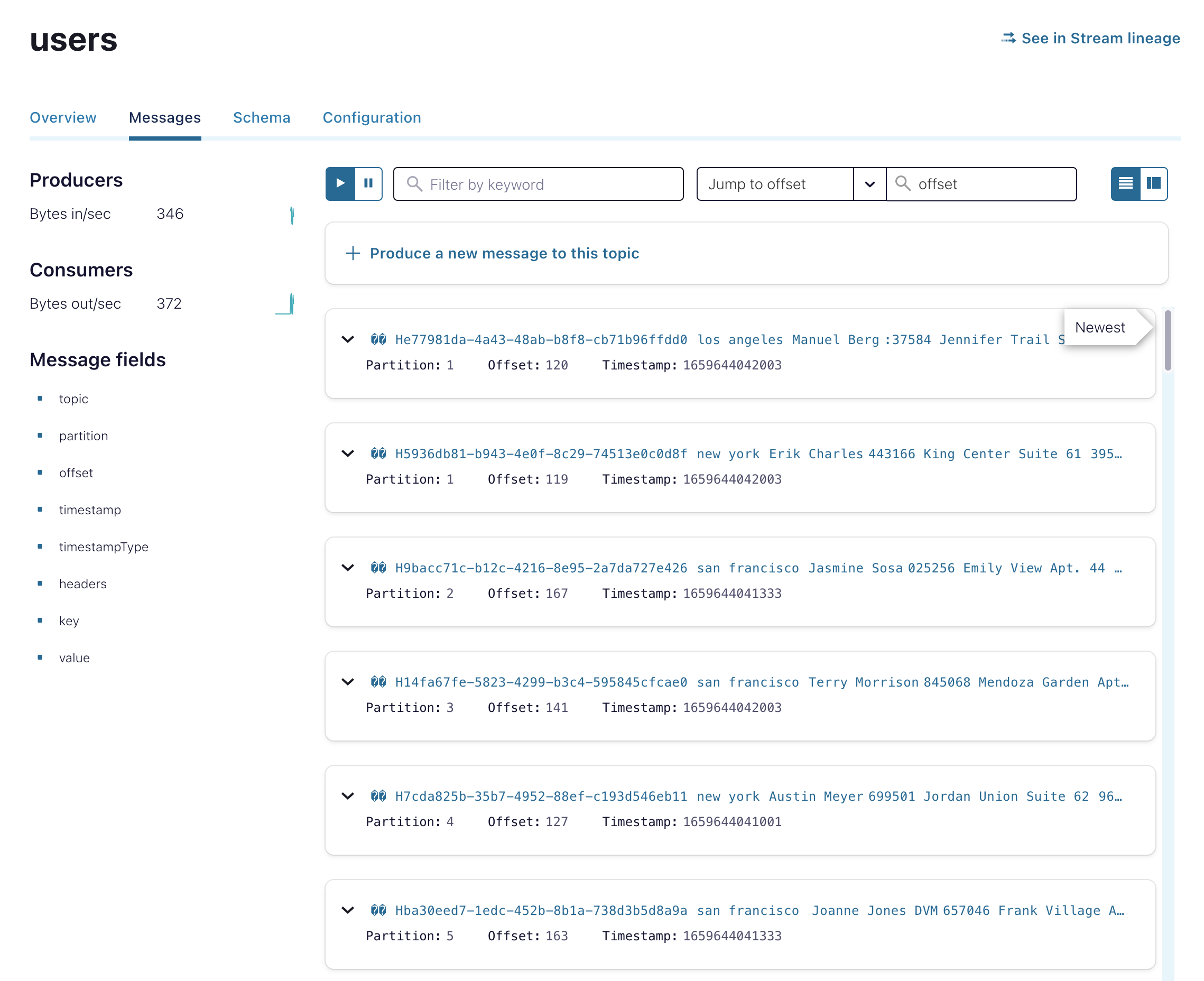 Users topic messages in the Confluent Cloud console.