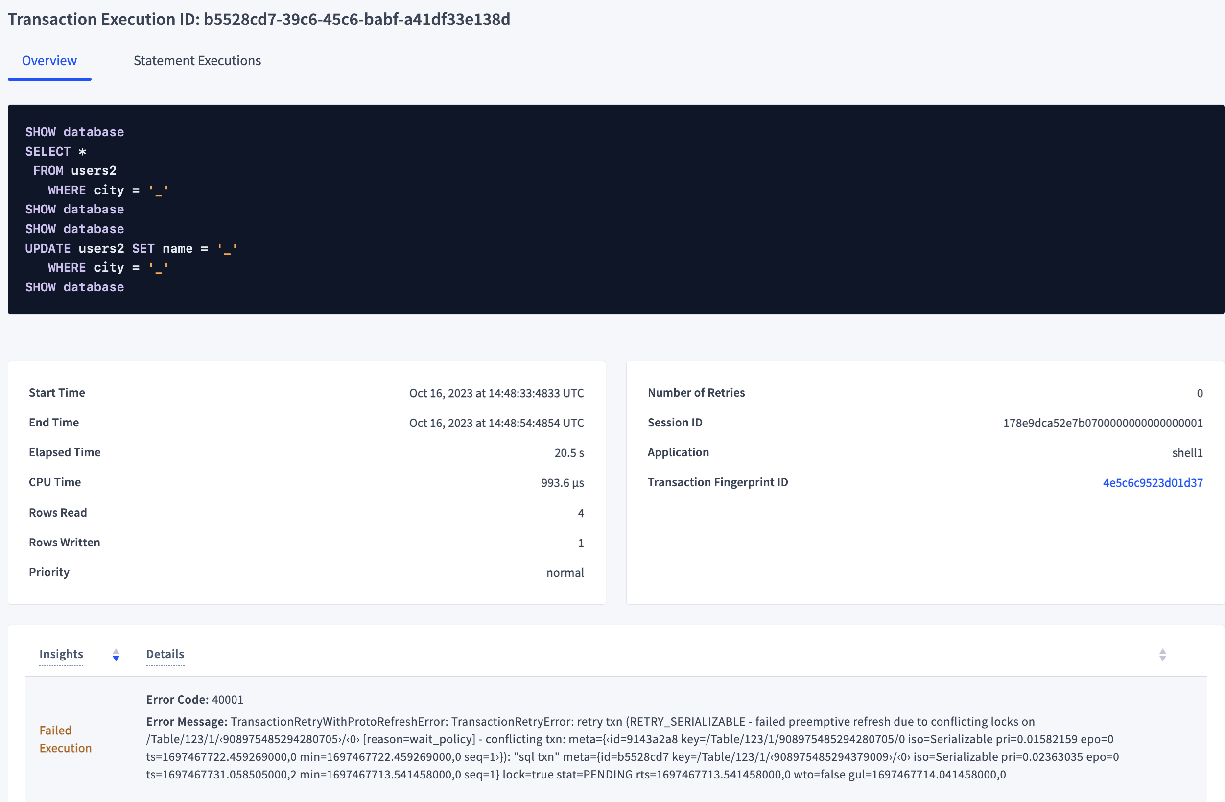 Failed transaction execution details